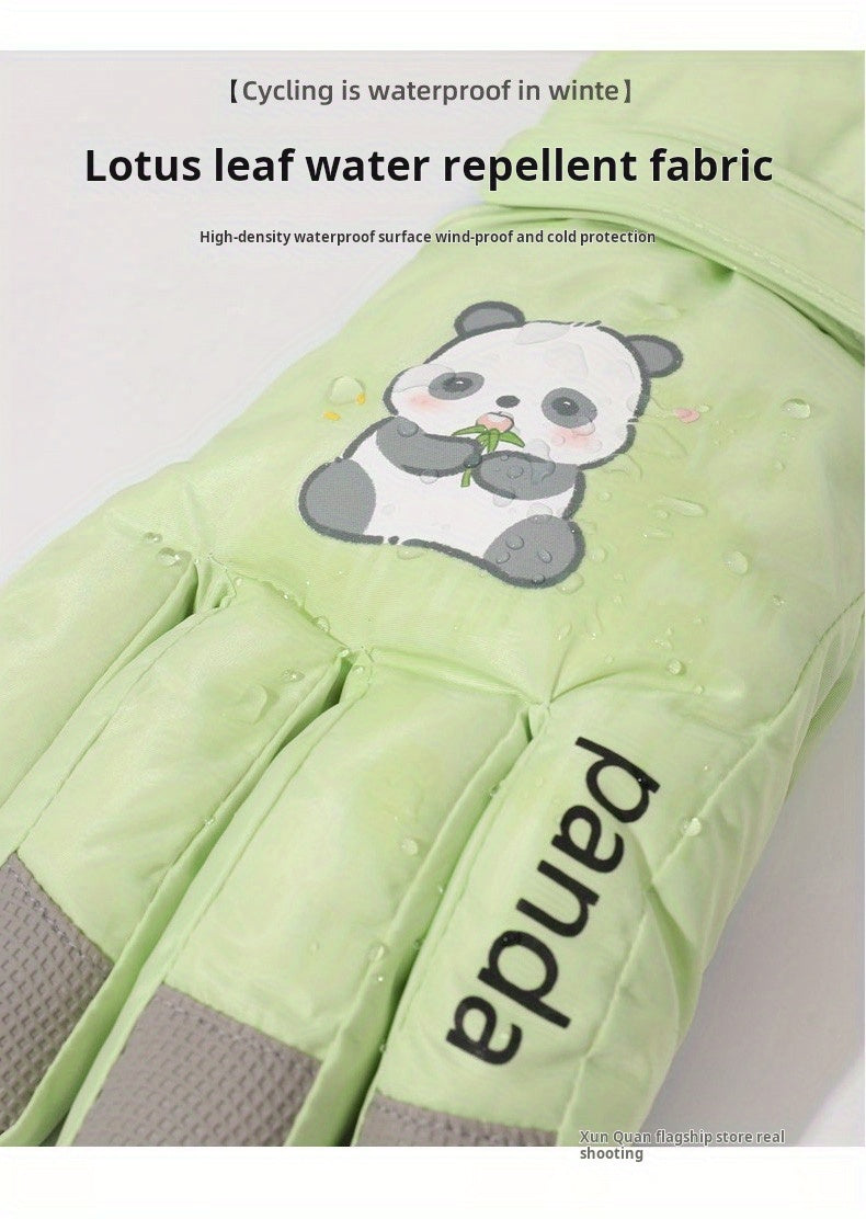 1 Pair Women'S Winter Ski Gloves, Cute Panda Design, Touchscreen Compatible, Polyester Thermal Lining, Velvet Palm, Magic Tape Closure, Hand Washable, Weather-Resistant